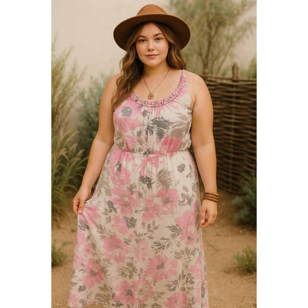 Sonoma Life + Style L Boho Floral Maxi Dress Pink Gray Sleeveless Summer Chic